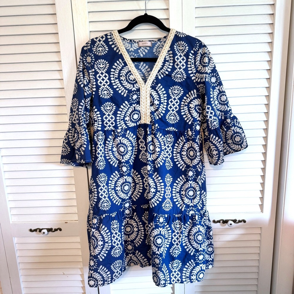Saiph Dress Medallion Print Crochet Trim Medium Blue Womens Boho Tunic Italy